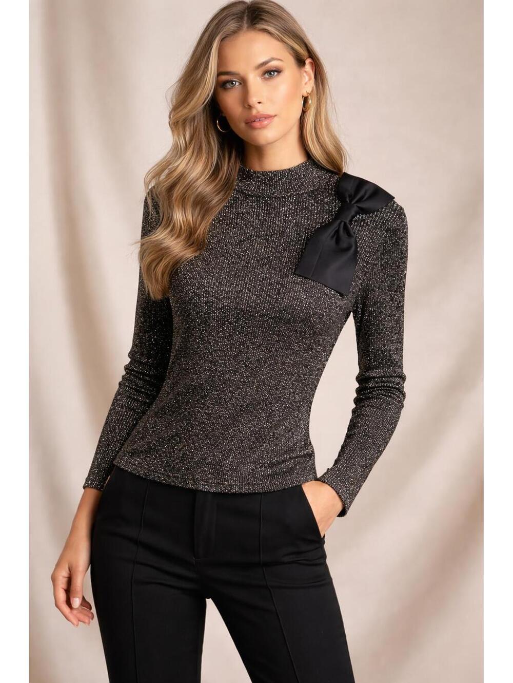 NWT Ann Taylor Metallic Gold Knit Long Sleeve Top Medium Bow Accent Party Glam